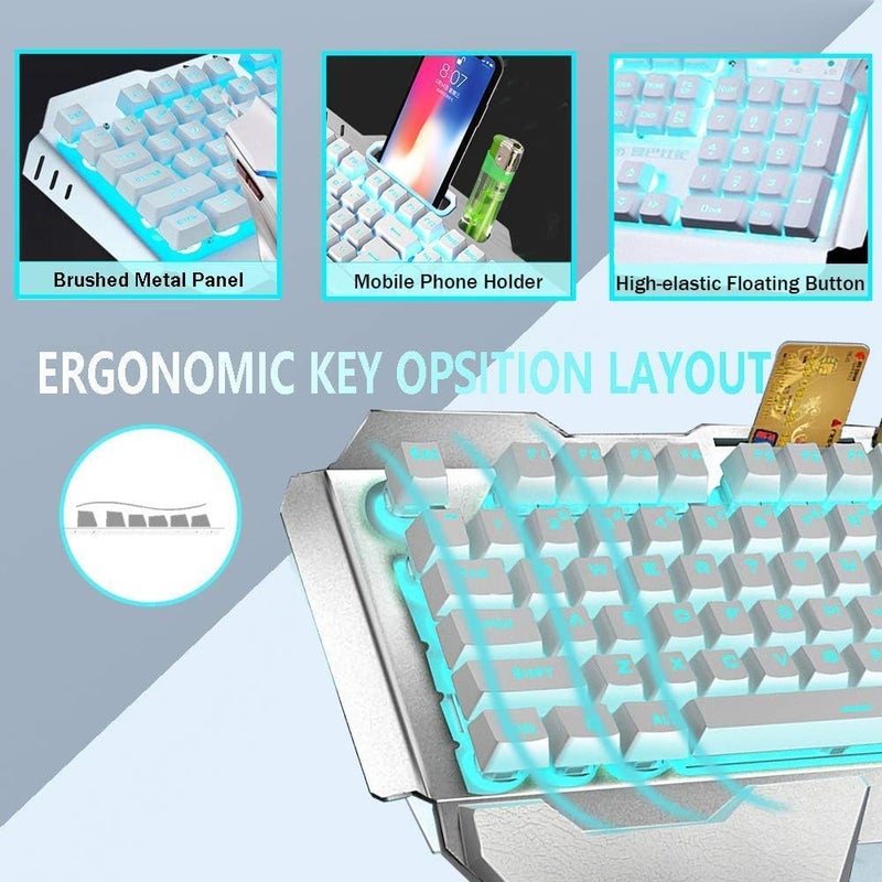 LexonElec Wireless Keyboard and Mouse, Blue LED Backlit Rechargeable Keyboard with 3800mAh Battery, Metal Panel, Removable Hand Rest Mechanical Feel, 7 Color Gaming Mute Mouse for PC Gamers - Image 4